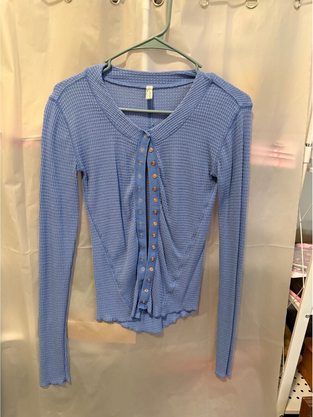 Free People Light Blue Waffle Knit Button-Up Cardigan Small